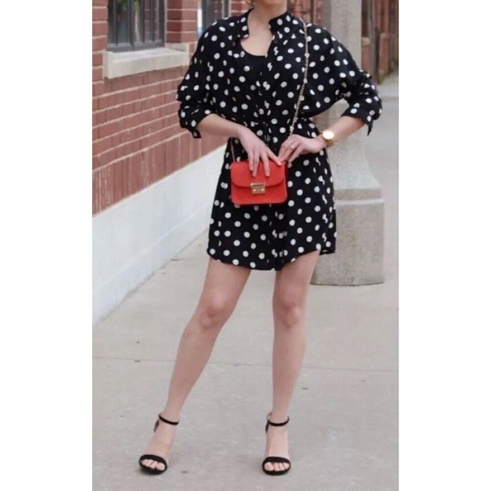Y2K Shirt Dress Black W/White Polka Dots Button Up Women’s Express Belted XS